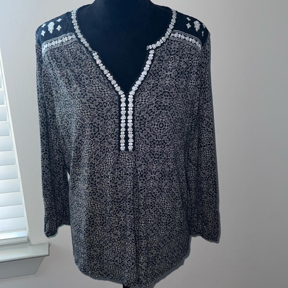 Lucky Brand black tan white embroidered long sleeves Boho top blouses Sz 1X